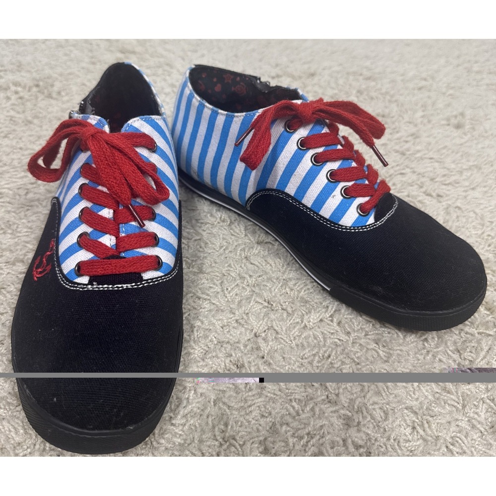 T.U.K. Womens 8 Nautical Anchor Sneakers Blue Stripe Rockabilly Psychobilly Punk - Picture 2 of 14